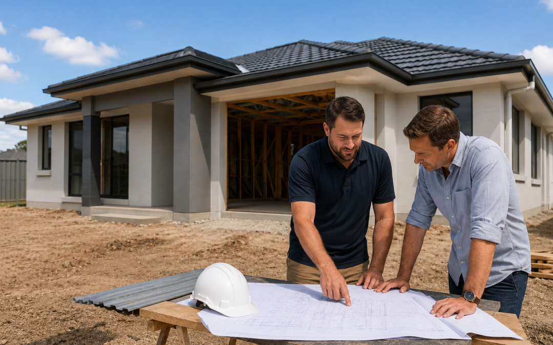 Two builders review blueprints on a work table at a residential construction site with an unfinished house in the background.