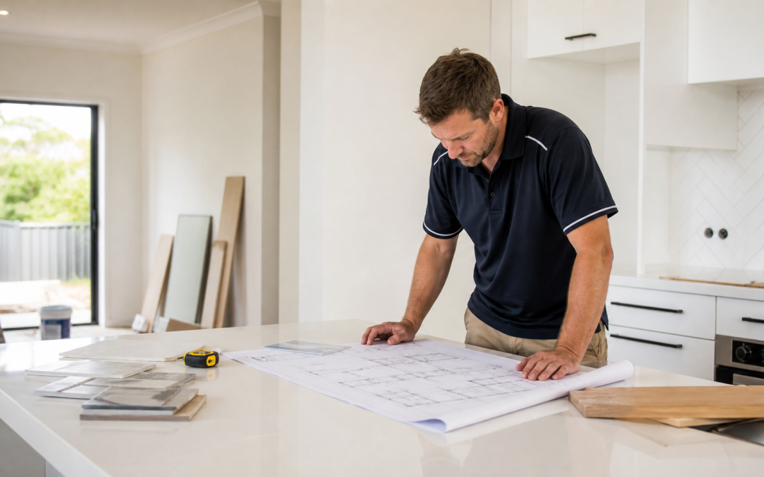 Builder reviewing renovation plans in a bright Plainland home.