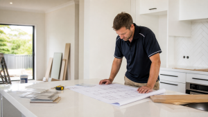Builder reviewing renovation plans in a bright Plainland home.
