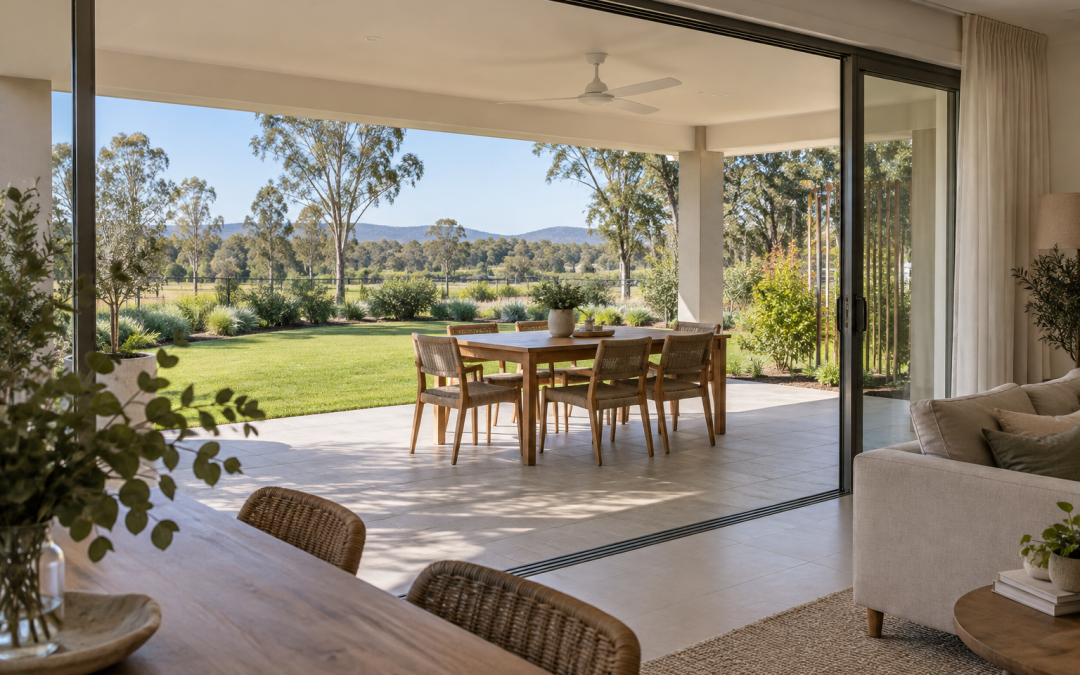 Open sliding doors connect a living room to a shaded alfresco dining area overlooking a garden