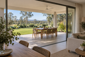Open sliding doors connect a living room to a shaded alfresco dining area overlooking a garden