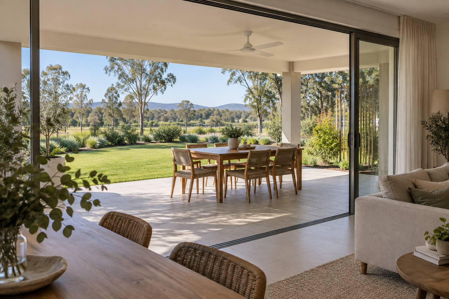 Open sliding doors connect a living room to a shaded alfresco dining area overlooking a garden